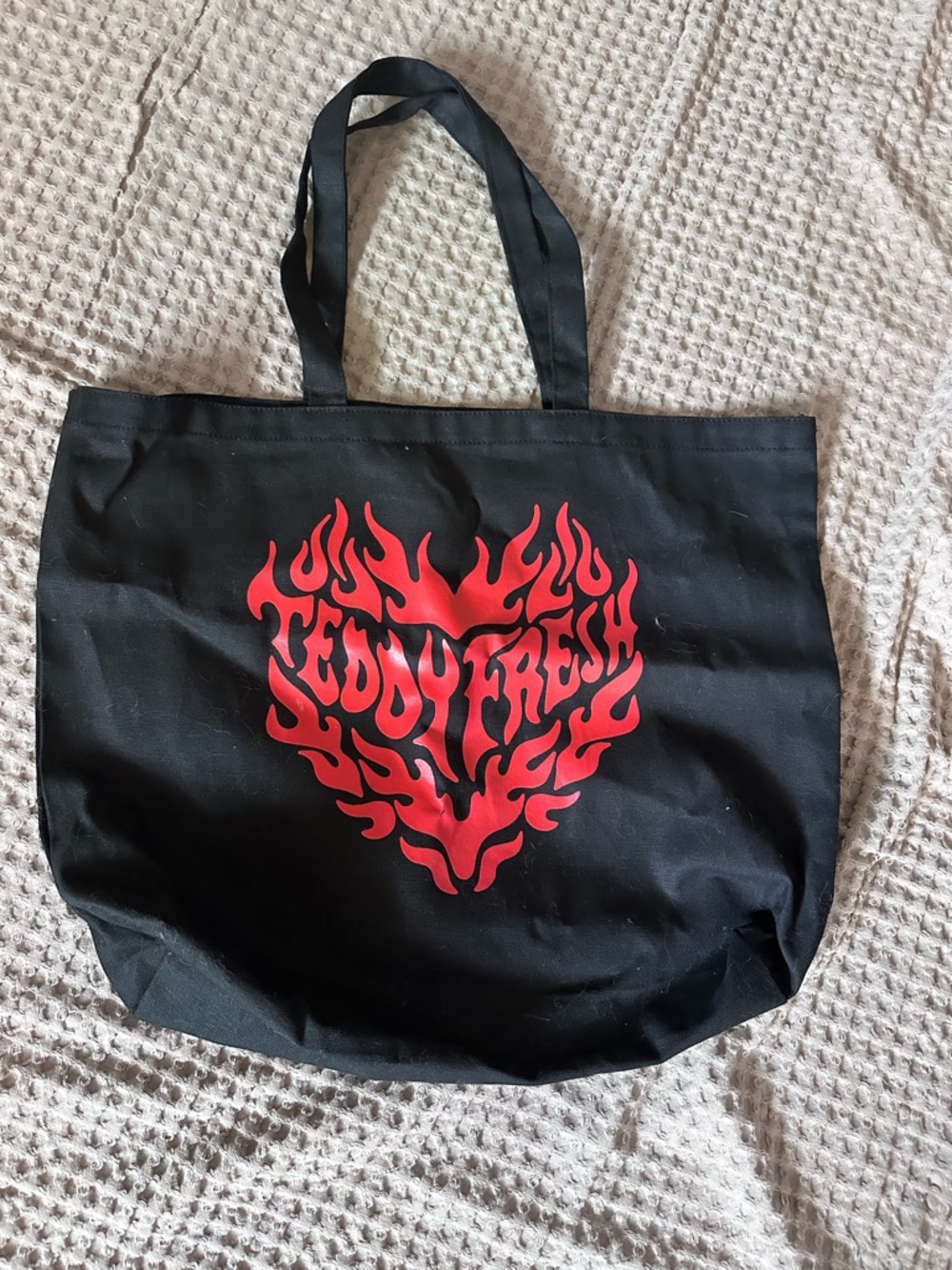 Teddy Fresh Black Canvas Bag with Red Flame Heart Graphic